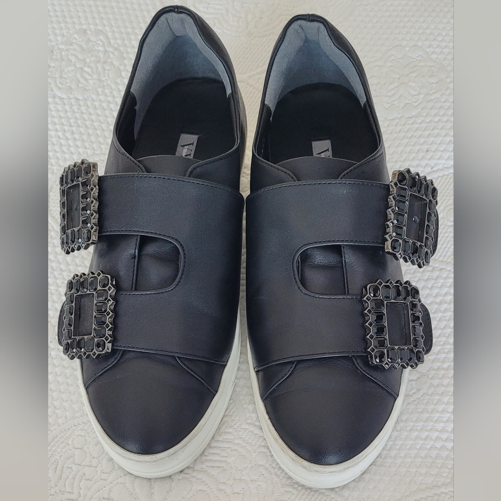 Vera Wang Black Slip-On Sneakers with Decorative Buckles